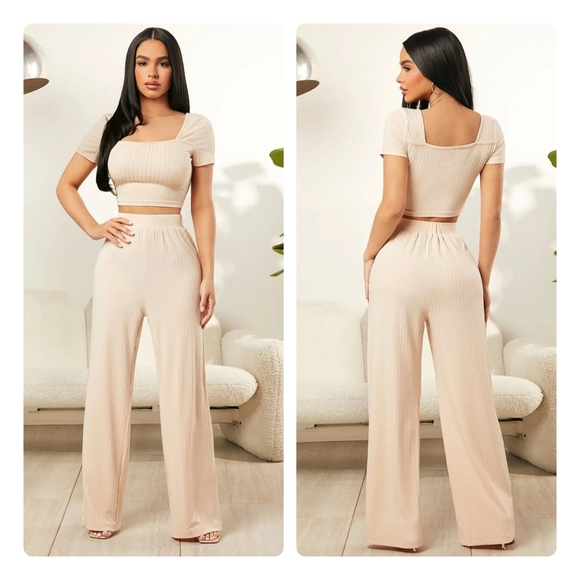 Beige Square Neck Top and Pants Set - Picture 1 of 5